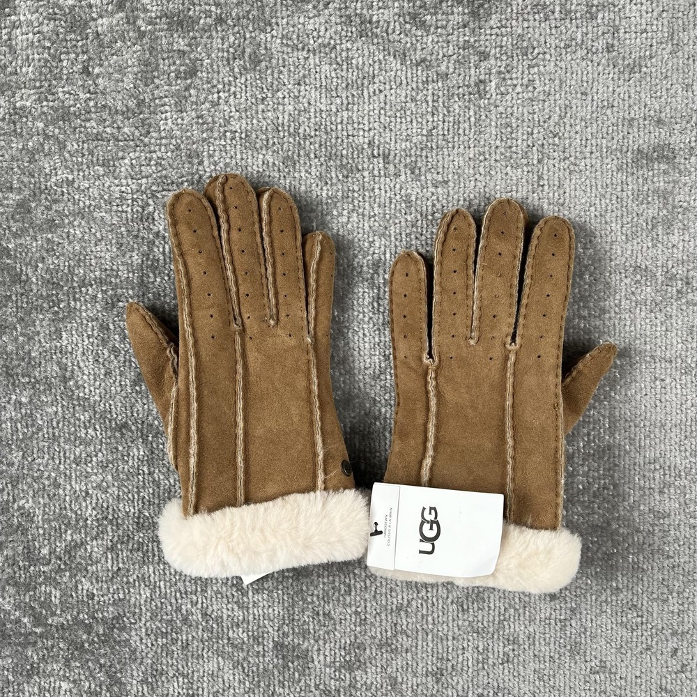 UGG Gloves Womens Small Brown Shearling Leather Fur Trim Lined Winter Warm